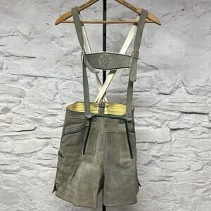 German Lederhosen Shorts Size 28 Waist Gray Suede Leather Green Trim Vtg 60s 70s